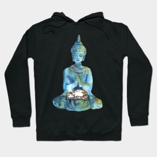 Watercolor Stone Buddha Statue with Sleeping Calico Cat Hoodie